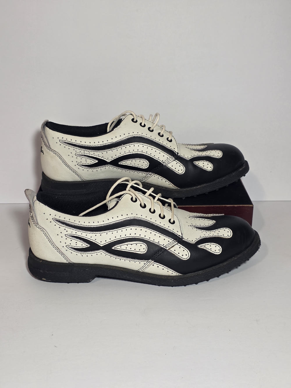 Sha-Sha Golf Flame Leather Golf Shoes Mens 8 Black White Vintage Rockabilly